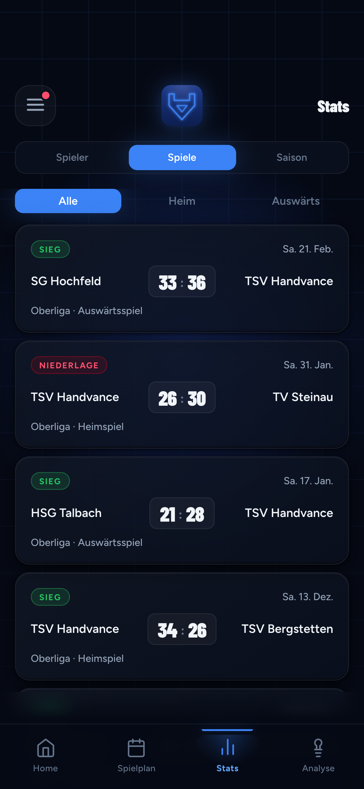 Handvance Stats — Spiele-Übersicht der Saison