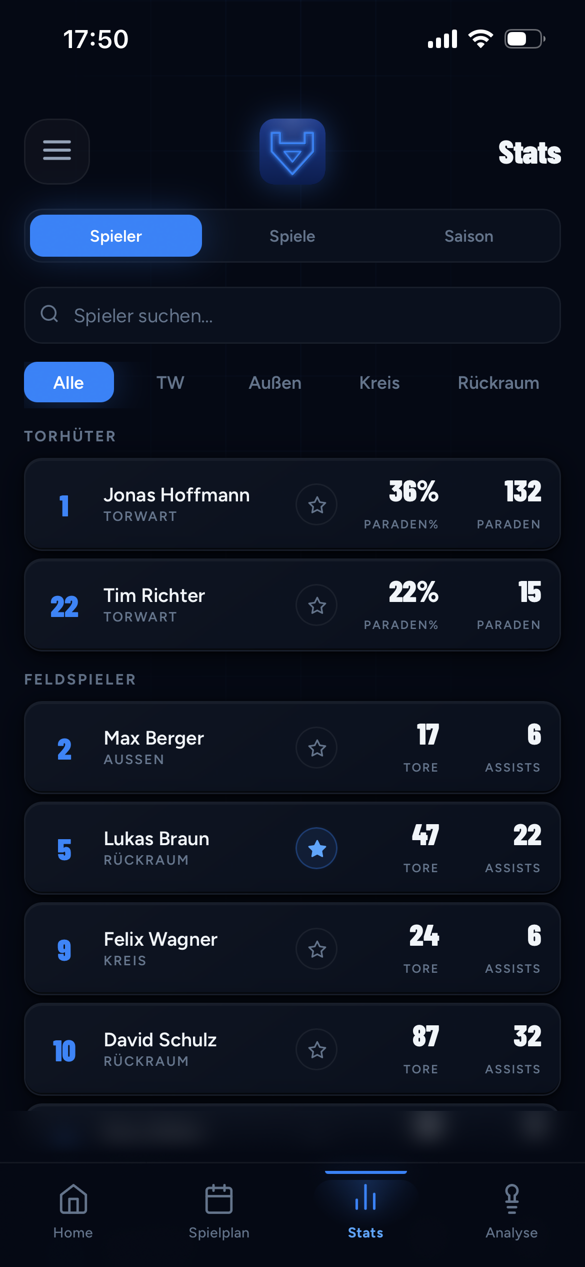 HANDVANCE Stats — Spieler-Übersicht